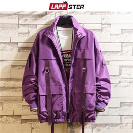LAPPSTER Men Streetwear Hip Hop Bomber Jacket Man Harajuku Ribbons Pockets Windbreaker Korean Fashions Clothing Plus Size LJ201013