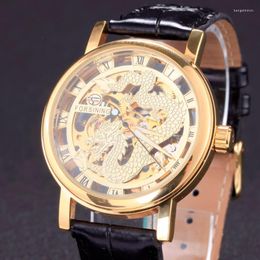 Wristwatches Fashion Dragon Dials Watch Men's Mechanical Black Leather Band Watches Skeleton Hand Wind Clock Relogio