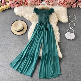 Summer Women's High-waisted Thin Ruffled Elastic Stretch One-shoulder Wide-leg Jumpsuit 210709