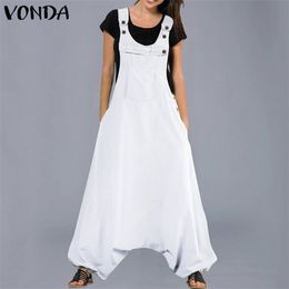 VONDA Plus Size Jumpsuits Womens Rompers 2019 Summer Casual Cotton Harem Pants Vinatge Trousers Sexy Sleevelss Long Playsuits T200107