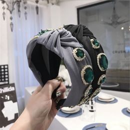 High-end Hair Accessories Women's Retro Emerald Knitted Knotted Wide Hairbands Headband Gorgeous Flash Diamond Hair band