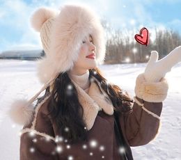 Real Fox Fur Bomber Hat Women Winter Warm Earmuffs Cap Soft Beige Grey Pink