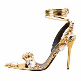 Summer Sandals Catwalk High-heeled Gemstone Wedding Shoes Fashion Pointed Toe Ankle Strap Sandals Plus Size Shoes European and American