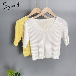 Syiwidii Korean Tank Top for Women V Neck Short Sleeve Soft Crop Tops Fashion Knitted Spring Summer Casual Baby Tees 220316