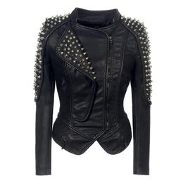 Women's Jackets SX Punk Rivet Faux Leather PU Jacket Women Fashion Winter Autumn Motorcycle Black Windbreak Coat Outerwear