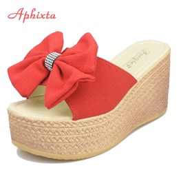 Aphixta 9cm Heels Summer Beach Platform Women Wedge Slippers Appliques Butterflyknot Female Sandals Clog Shoes Slides Women 210301