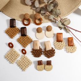 Dangle & Chandelier AENSOA Bohemia Handmade Rattan Knit Wood Drop Earrings For Women Ethnic Geometric Pendant Earring Boho Jewellery Gift 2022