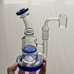 bent pipe UK - Percolater Glass Bongs Hookah Water Bubbler Smoking Pipe Blue Honeycomb Recycler Bong Dab Rig with 14mm Female glass Tobacco bowl 5.9 inch Cute Thick Pyrex Bent Neck