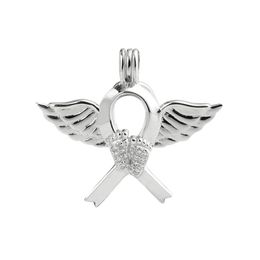 sterling silver locket wholesale Canada - Angel Wing Footprint Ribbon Cage Locket Love Wish Pearl Gift 925 Sterling Silver Pearl Cage Pendant 5 Pieces310s