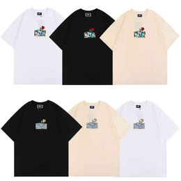 Clothing 2022 Summer High Street Tide Brand Kith Men's T-shirts Classic Red Apricot Rose Print Tee Men and Women Loose Couple T-shirt Round Neck