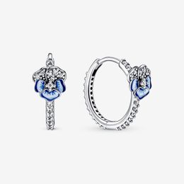 Rose Gold Plated 100% 925 Sterling Silver Blue Pansy Flower Hoop Earrings Fashion European Earring Wedding Egagement Jewelry Accessories