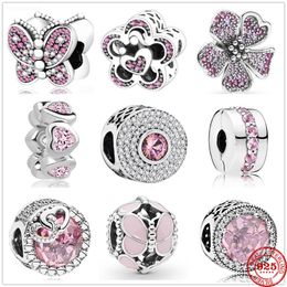 925 Silver Charm Beads Dangle Dazzling Pink Butterfly Heart Zirconia Bead Fit Pandora Charms Bracelet DIY Jewelry Accessories