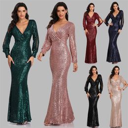 Sexy V-neck Mermaid Evening Dress Long Formal Prom Party Gown Full Sequins long Sleeve Galadress Vestidos Women Dresses 220510
