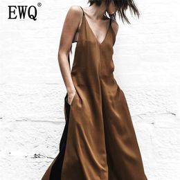 EWQ Eroupean Frühling Mode 2020 V-ausschnitt Trägerlosen Kontrast Farbe Sexy Frauen Breite Beine Hohe Streest Weibliche Kleidung WB180 T200701