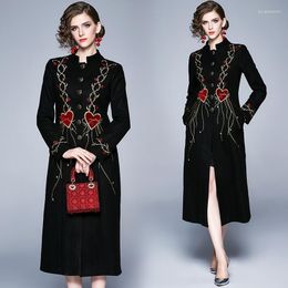 Casual Dresses Elegant Vintage Fashion Women Embroidery Button Slim Tunic Split Dress Office Lady Long Sleeve Midi Clothing