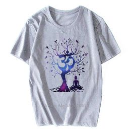 -Herren T-Shirts T-Shirt Yoga Meditation om India Zen Space Tree Flying Birds Marke Kleidung Sommer O-Neck Top Tee Fantastische Hemden