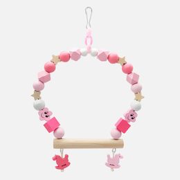 Natural Wooden Parrots Swing Toy Birds Colorful Beads Bird Supplies Bells Toys Perch Hanging Swings Cage for Pets on Sale