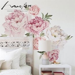 Pink modern home living room decor wall art Peony Flowers Wall Sticker Mural diy Bedroom decoration wedding accessories LJ200903