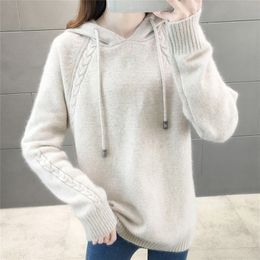 Lucyever Pullover Women Sweater Loose Knitted Hooded Long Sleeve Jumper Thick Solid Ladies Sweater Casual Winter Tops 201225