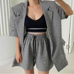 Women's Tracksuits Alien Kitty 2022 Summer Ladies Suit Notched Short Sleeve Plaid Coat Fashion High Waist All-Match Casual Slim Classic Shor