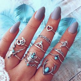 Cluster Rings 12 Pcs/Set Vintage Deer Crown Om Yoga Carved Letter Geometry Gem Knuckle For Women Silver Set Party Jewelry Gifts Edwi22