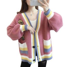 Women's Knits & Tees Autumn Cartoons Colour Matching Cardigans Women V-Neck Pocket Knitting Sweater Coat Single Breasted Overcoat Ladies Loos