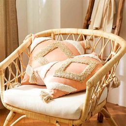 Pink Diamond Handmade Geometric Embroidery Pillow Cover Tassels Home Decor Cushion Cover PillowCase Pillow Sham 30x50cm/45x45cm 210401