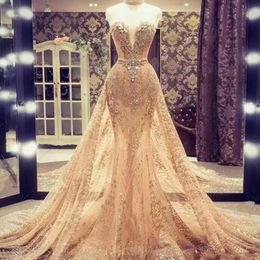 HOT! Light Champagne Overskirts Prom Dresses Sweetheart Beads Sequins Full Lace Mermaid Evening Dress Custom Made vestidos de fiesta Bridal Gowns