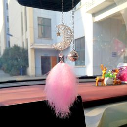 Interior Decorations Car Pendant Decor Hollow Out Moon Bells Auto Rearview Mirror Hanging Ornament Bling Pink Feather Accessories Girl Gifts