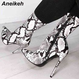 Aneikeh Bahar Moda Yeni Pu Python Desen Orta Buzağı Kadın Botları 11cm İnce Topuklu Noktalı Ayak Parmağı Seksi Parti Pompaları 220421