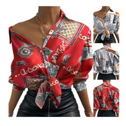 Women Digital Printing Blouses Fashion Trend Casual Turndown Bandage Cop Top Designer Famale Spring Long Sleeve Loose Chiffon Shirts HK8945
