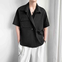 New Fashion Solid Colour Loose Shirts For Men Summer Cargo Big Single Pocket Lapel Short Sleeved Mens Dress Shirt Chemise Homme G220511