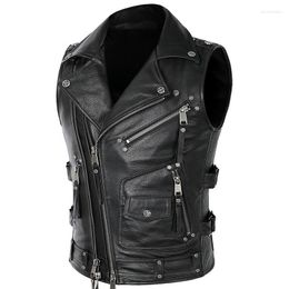 Men's Vests Motorcycle Classic Leather Vest Mens Genuine Cowhide Biker Waistcoat Punk Sleeveless Jacket Adjustable Size S-4XL Guin22