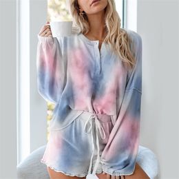 New Womens Tie Dye Printed Ruffle Short Pyjamas Set Long Sleeve Tops and Shorts PJ Set Loungewear Nightwear Sleepwear 201114