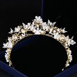 Headpieces Papillons Fleur Cristal Crown Crown Gold Baroque Tiaras Mariage Accessoires de mariage Bijoux Alliage d'anniversaire Alliage Bridal Coiffure Perles Headwear