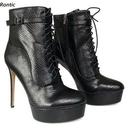 Rontic Women Winter Platform Ankle Boots Unisex Side Zipper Stiletto Heels Round Toe Elegant Black Night Club Shoes US Size 5-20