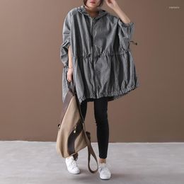 Women's Jackets 2022 Female Spring Korean Style Plus Size Outerwear Literary With Hooded Batwing Sleeve Drawstring Autumn Loose Trench Coat