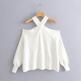New 2020 new women fashion cross strap off shoulder sweater ladies basic knitted casual slim high street sweaters chic tops LJ200815