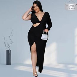 Plus Size Dresses Sexy For Women Hollow Out Solid V Neck Elegant Party Bodycon Maxi Dress Club Outfits Wholesale Drop