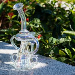 smoking water pipe bubbler NZ - 8 inch dab rig hookah shiry rainbow bong glass water pipe smoking heady double klein recycler oil bubbler with quartz banger
