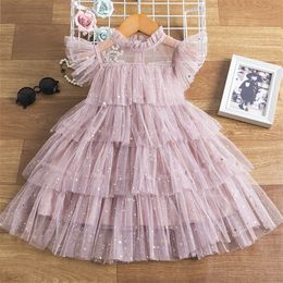 Summer Pink Casual Tulle Princess Dress For Girls Lace Sleeve Sequin Shiny Christmas Costume Children Birthday Party Clothes 220426