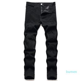 Ripped Embroidered Men's Jeans Slim Fit Straight Streetwear Casual Cotton Denim Pants Black Holes Skinny Pantalones