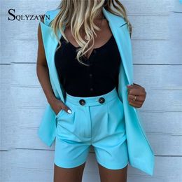 Fashion Women Two Piece Set Suit Coat and Shorts Solid Color Vest Single Button Sleeveless Blazers with 220616