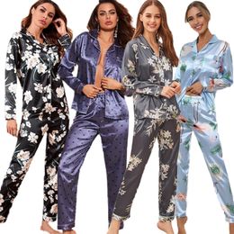 Autumn Winter Women Silk Satin Pajamas Set Ladies Long Sleeve Top Shirt + Trouser Bottoms Pyjama Homewear Sleepwear Pj s 220421