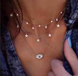 Full Diamond Star Blue Eye Pendent Necklace Multilayer Necklaces Set For Women Girls Gift