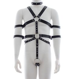 Leather Adjustable sexyy Bondage Men Full Body Chest Harness Restraint O-ring Rivet Collar Erotic BDSM Adult sexy Toys