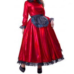 maid lolita dress Australia - Casual Dresses Sissy Maid Metallic Long Maxi Dress Puff Sleeve Laser Crossdresser Unisex Pleated With Lace Apron Lolita Cosplay Costume