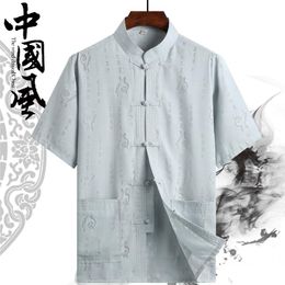 Ethnic Clothing Summer Blusaa Cuello Chino Chinese Tang Suit Print Cotton Linen Handmade Buttons Loose Stand Collar Short Sleeve Shirt For M