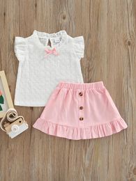 Clothing Sets Boiiwant 18M-5Y Soft Cotton Summer Clothes For Girls Hollow Ruffle Neck Short Sleeve Tops Buttons Frilly Skirt OutfitsClothing