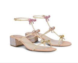 Womens Sandals Block каблука горный хрусталь сандалии STRASS Caterina роскошный дизайнер со стразами лук, женщины свадебные платья сандал ручной работы обувь 34-41